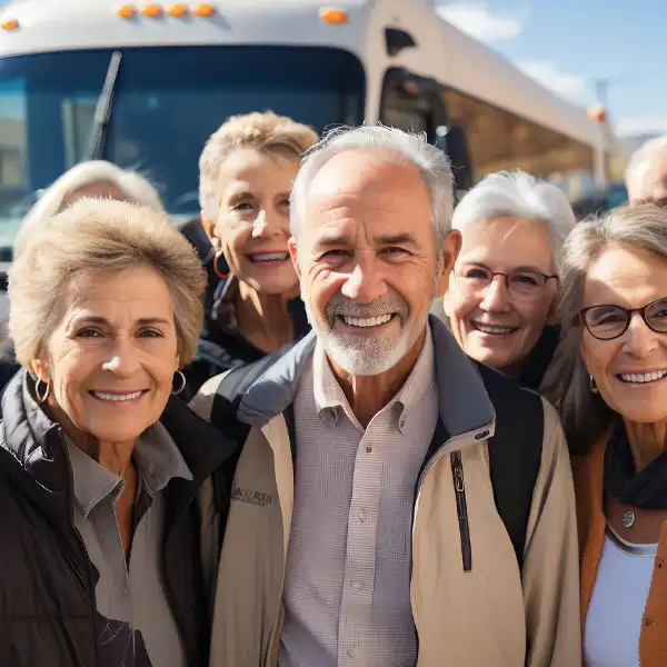 tour group in front of bus